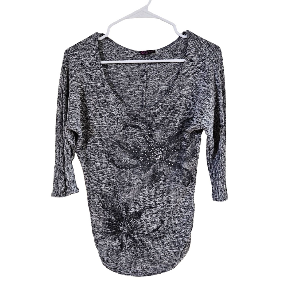 Agenda Knit Sweater Womens Grey Heather Floral Wide Neck 3/4Sleeve Cozy Casual M